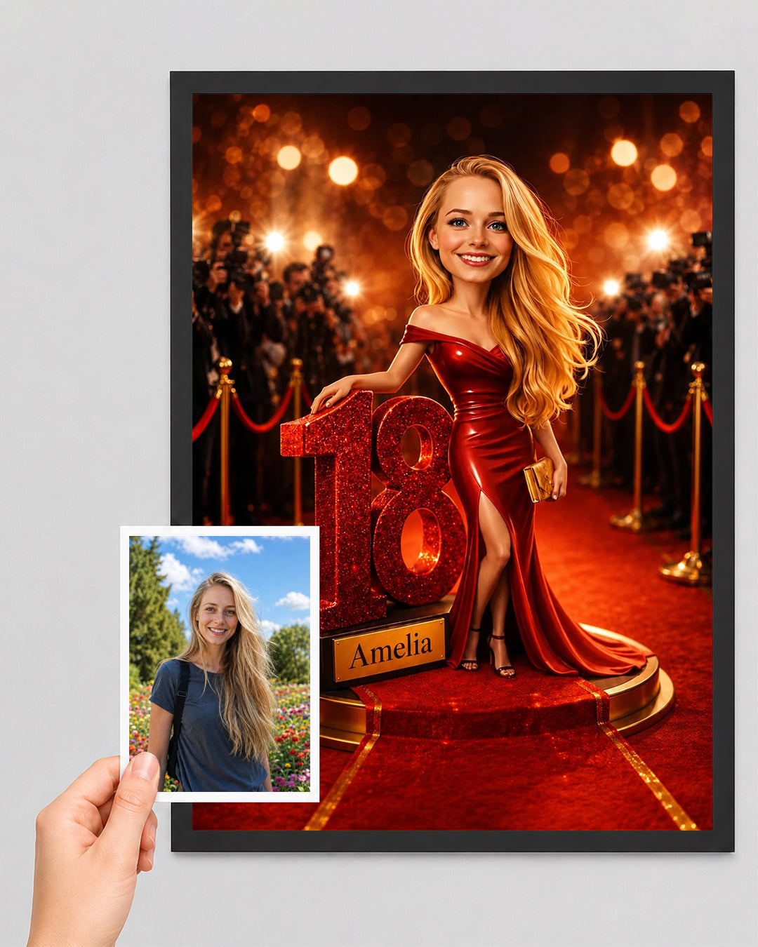 18th Birthday Portrait for a Girl. Red Carpet, Glamour. Caricature
