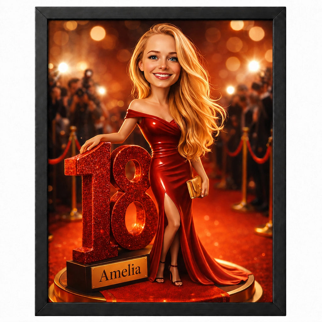 18th Birthday Portrait for a Girl. Red Carpet, Glamour. Caricature