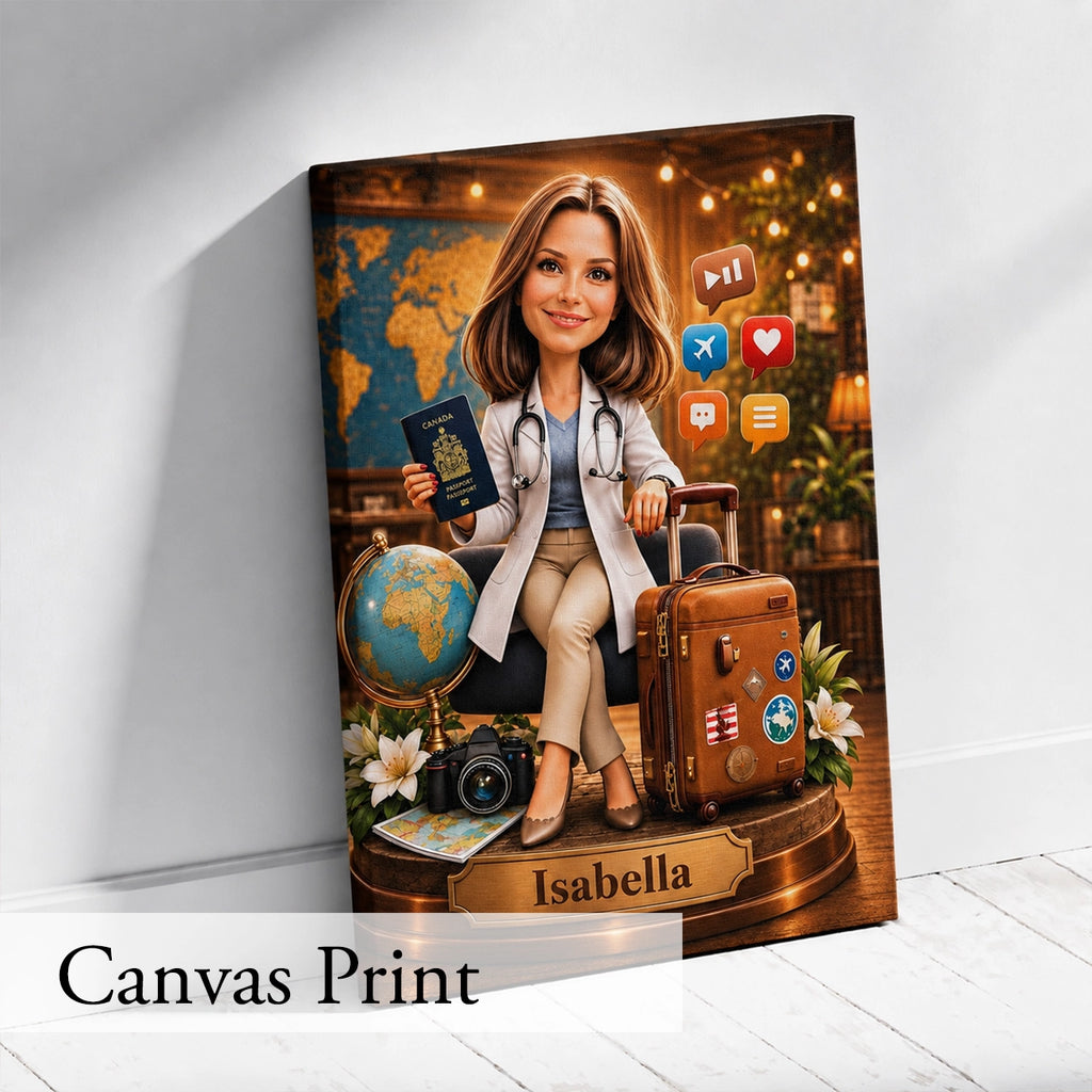 Traveler Caricature from Photo - Personalized Gift for Her
