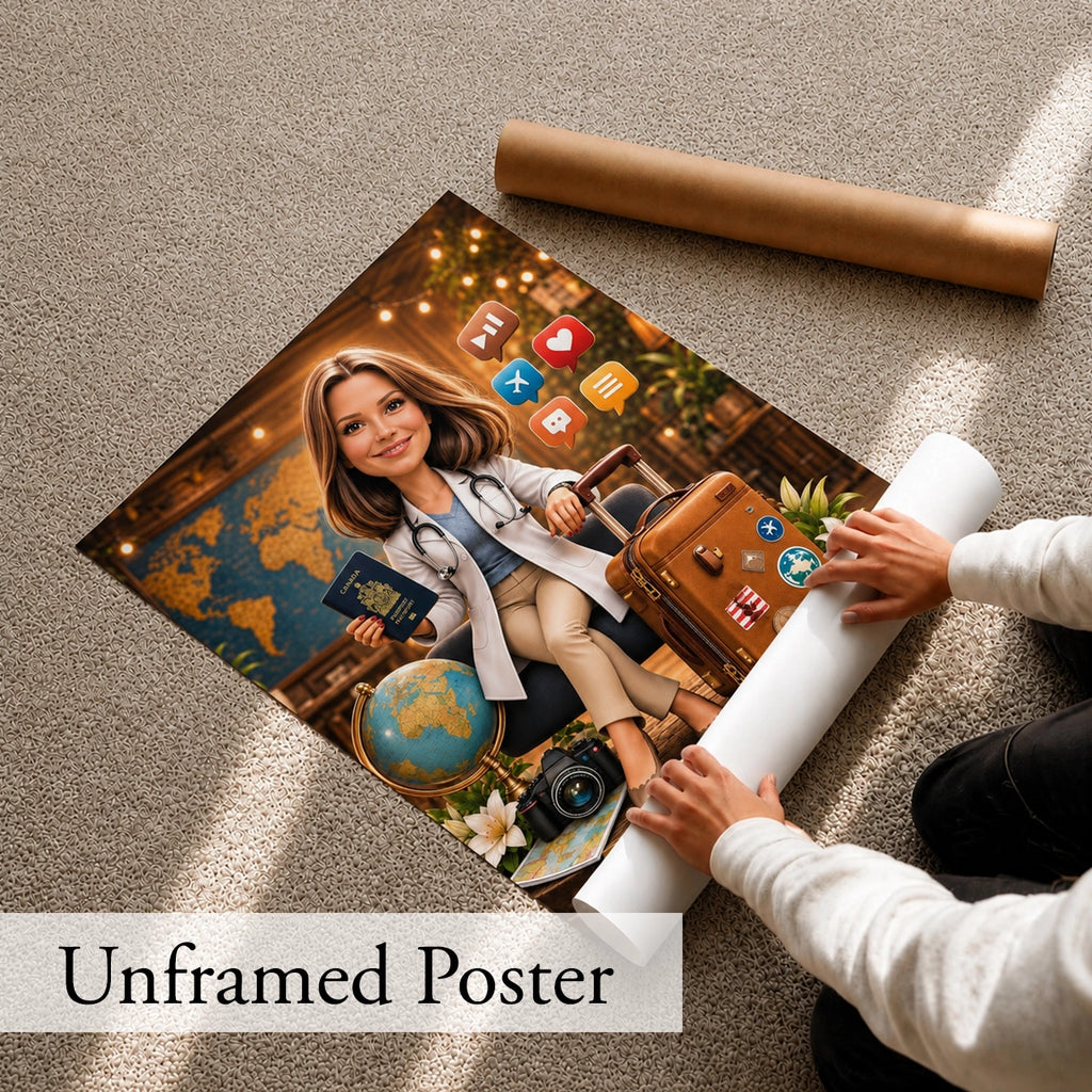 Traveler Caricature from Photo - Personalized Gift for Her
