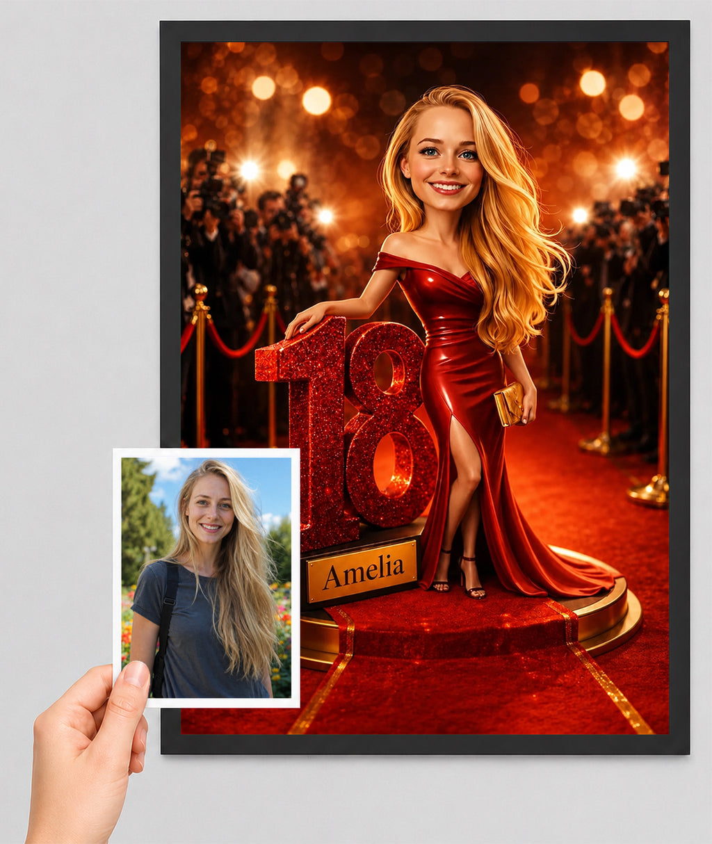 18th Birthday Portrait for a Girl. Red Carpet, Glamour. Caricature
