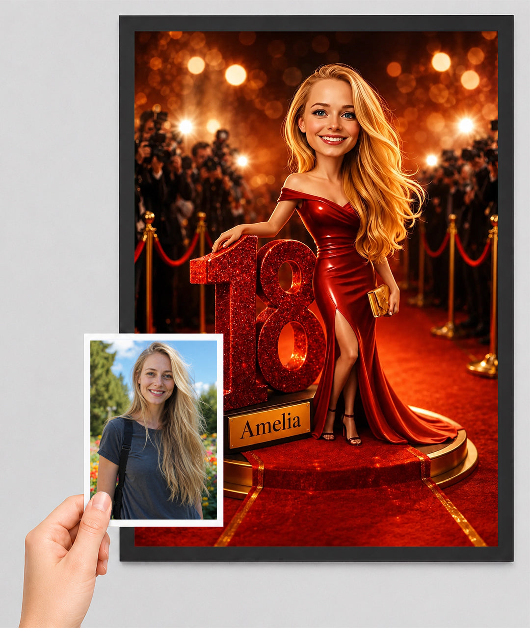 18th Birthday Portrait for a Girl. Red Carpet, Glamour. Caricature