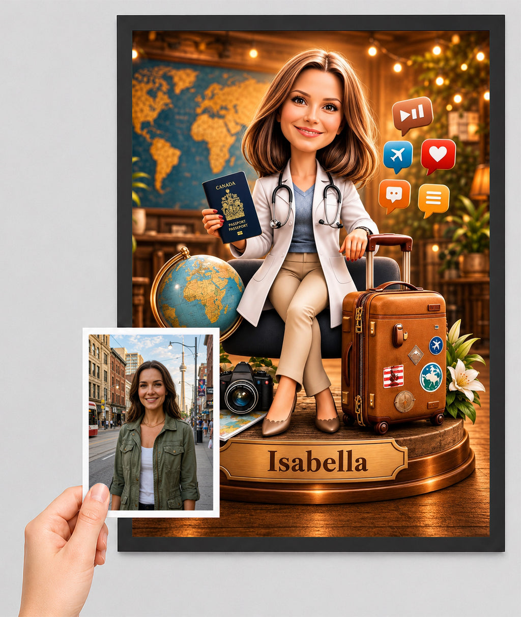 Traveler Caricature from Photo - Personalized Gift for Her