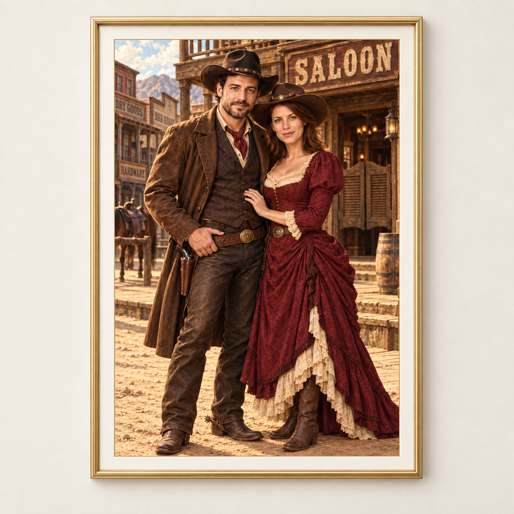 Custom Western Saloon portrait from photo shown in a frame — standing scene